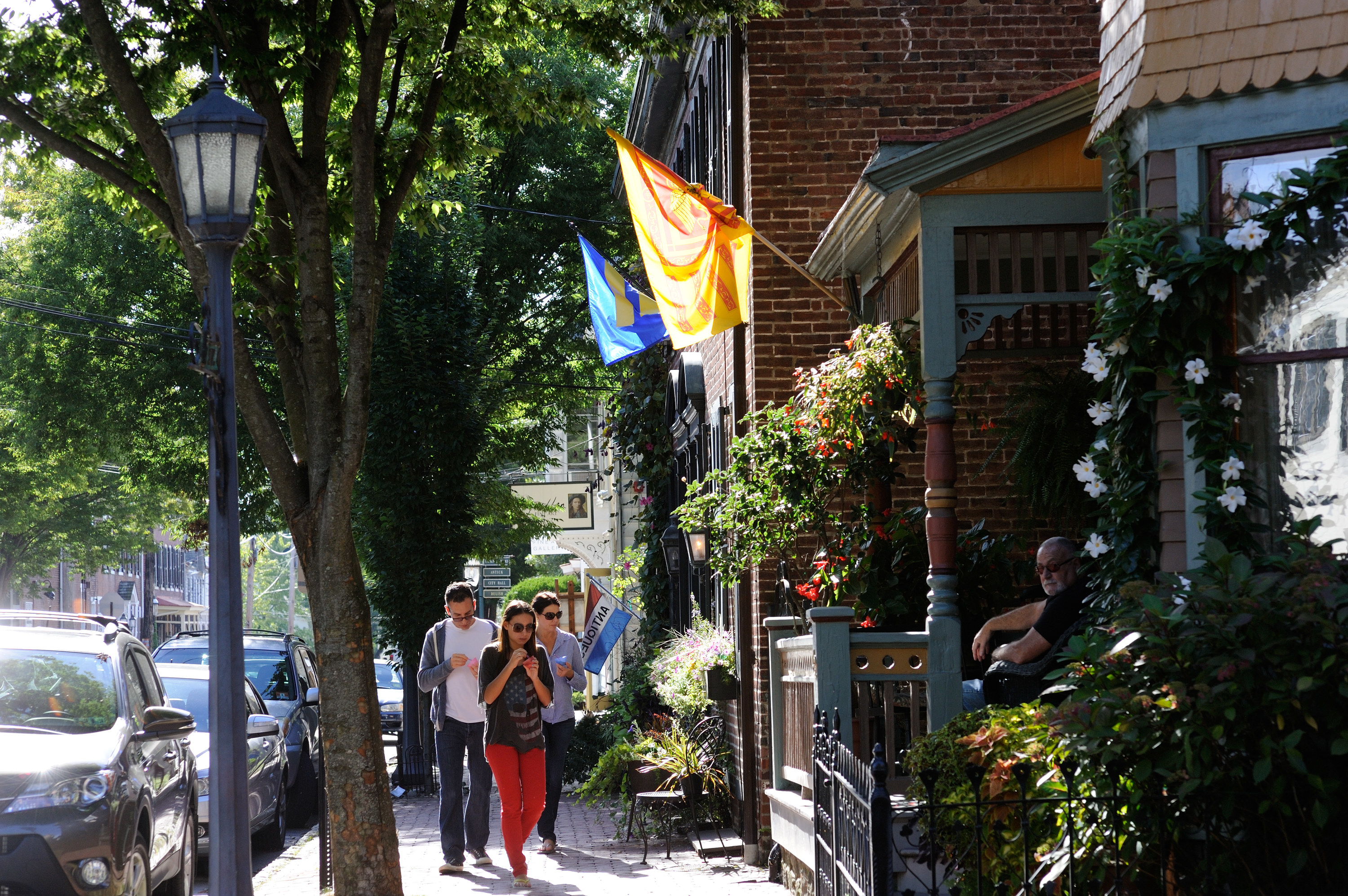 People walking along a street in Lamberville, NJ