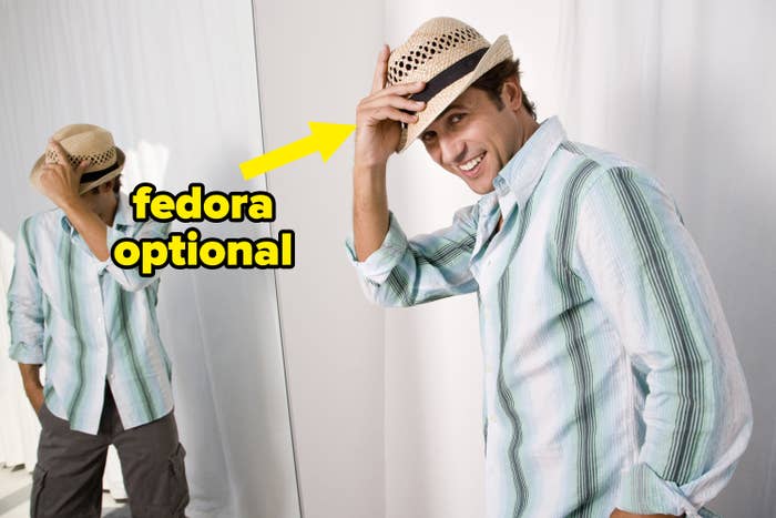 Man in fedora tipping his hat with the fedora labeled &quot;fedora optional&quot;