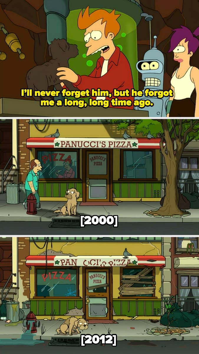 Fry saying his dog forgot him a long time ago and the dog waiting outside the pizza shop until its death