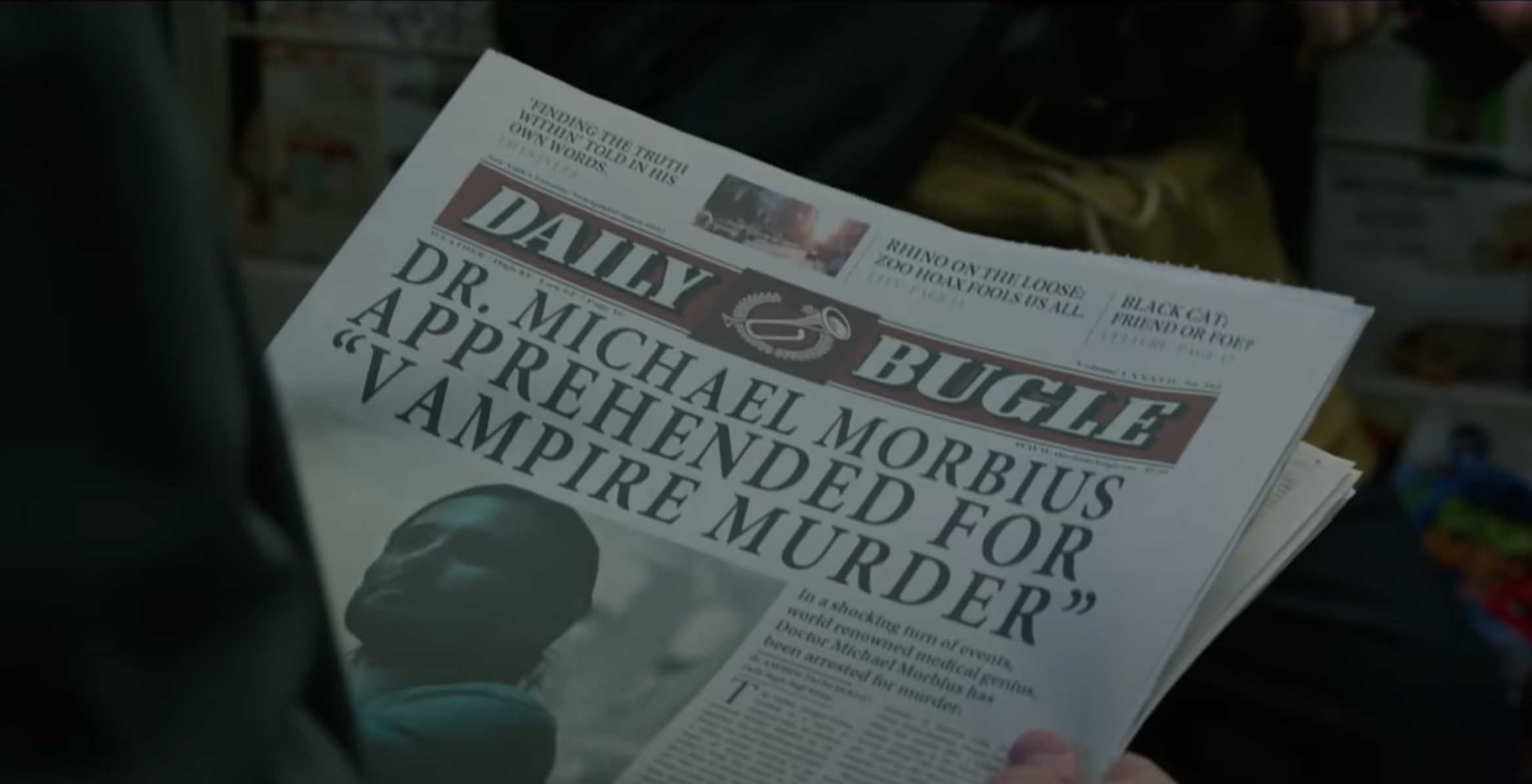 A Daily Bugle paper displays villains.