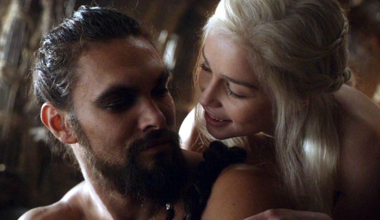An intimate scene from Game of Thrones featuring daenerys and Drogo