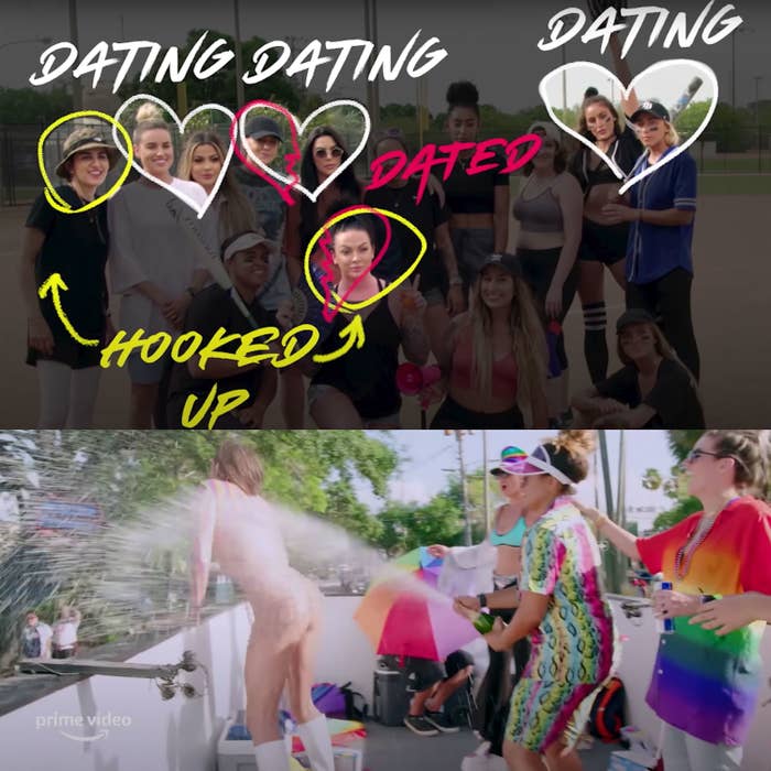 (Top) A playbook-style drawing shows who in the "Tampa Baes" cast have dated or hooked up with each other (Bottom) Cast members give a nude woman a champagne shower during a celebration