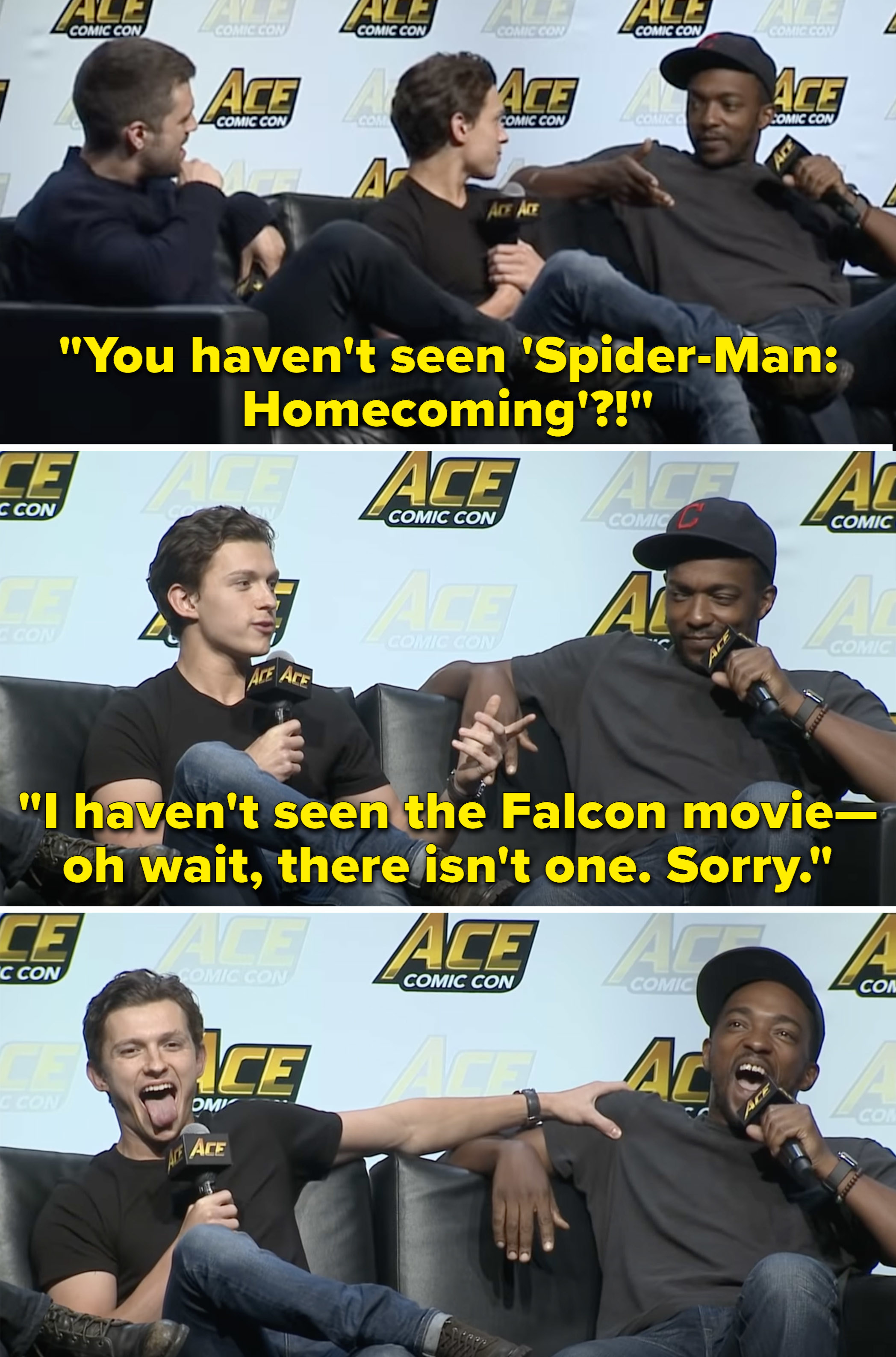 Tom saying, &quot;I haven&#x27;t seen the Falcon movie. Oh wait, there isn&#x27;t one. Sorry&quot;
