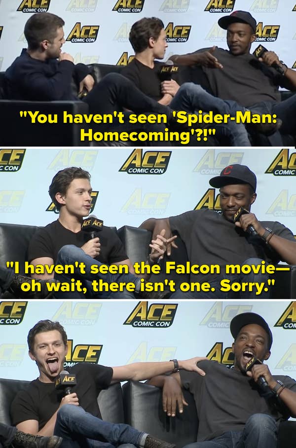 10. When Tom Holland had a witty comeback for Anthony Mackie when he said he'd never seen Spiderman: Homecoming.
