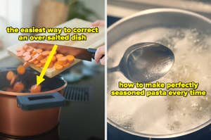 text: "the easiest way to correct an over-salted dish" over image of cook adding chopped carrots to a pot; text: "how to make a perfectly seasoned pasta every time" over image of boiling pot of water