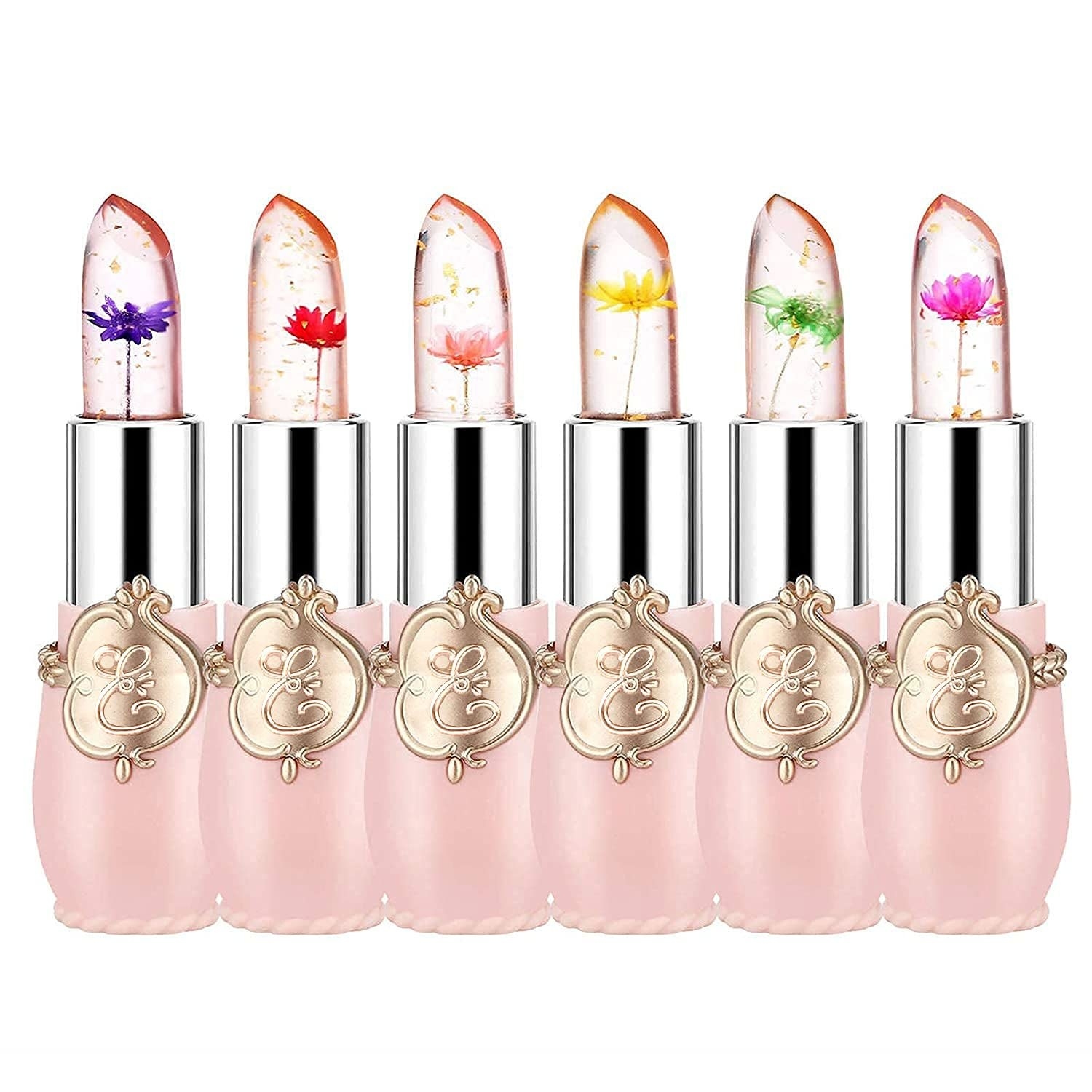 Six pink lipsticks with colorful flowers inside