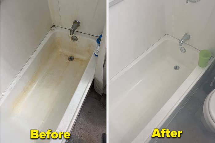 A reviewer shows before and after photos of their bathtub. Before it is rusted and dirty and after using The Pink Stuff, it is white and clean.