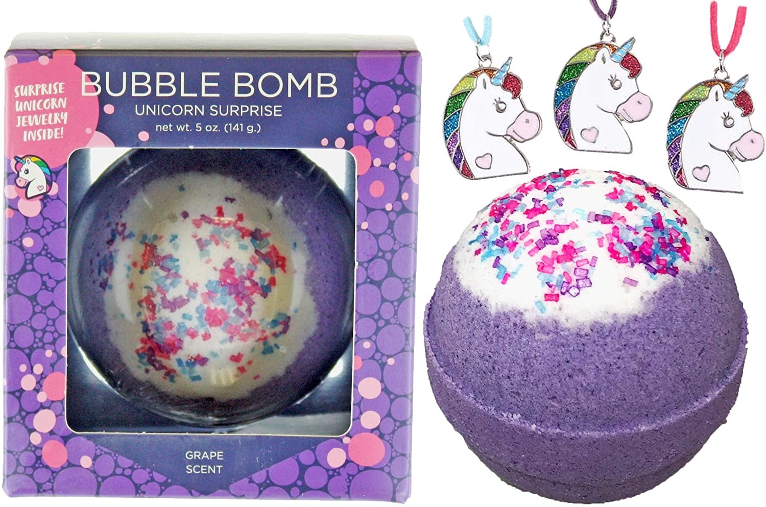 the purple bath bomb topped with sprinkles and three unicorn charms