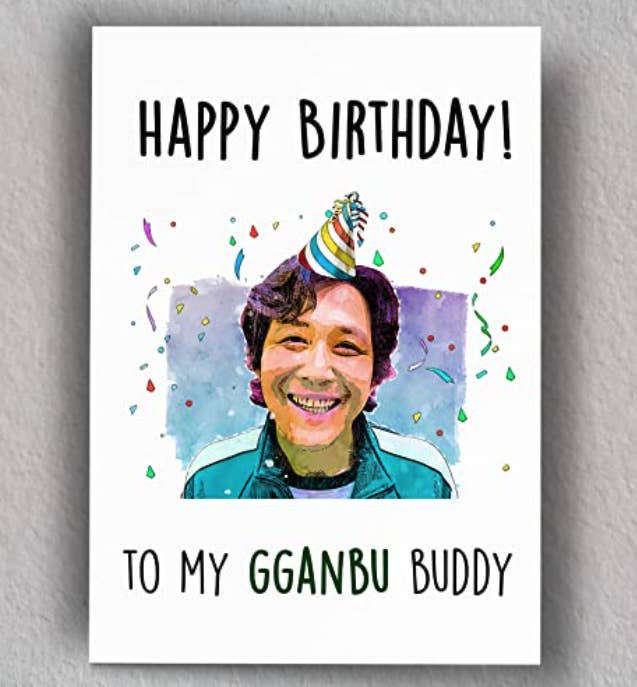 Birthday card with Gi-hyun on the cover and words &quot;Happy Birthday to my gganbu buddy&quot;