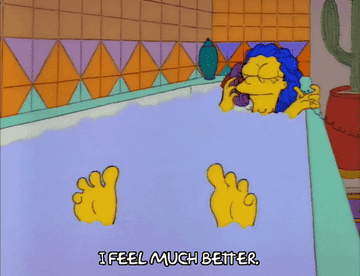An animated cartoon shows a person relaxing in a tub while saying &quot;I feel much better&quot;