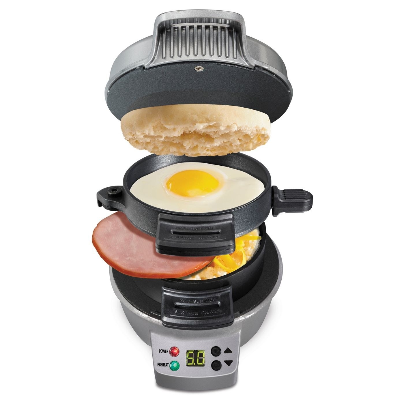 breakfast sandwich maker with egg, ham, english muffin in separate sections