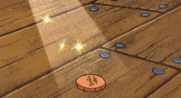 A beam of light is illuminating a penny on hardwood floors