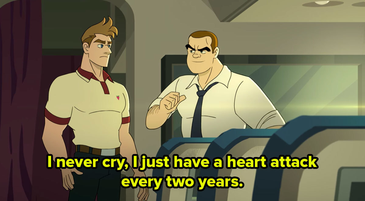 Two cartoon men converse on a plane one says to the other I never cry, I just have a heart attack every two years