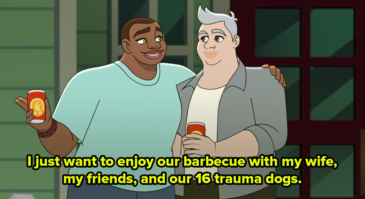 Two cartoon women hug and outside of a house and one says to the other I just want to enjoy our barbecue with my wife, my friends, and our 16 trauma dogs
