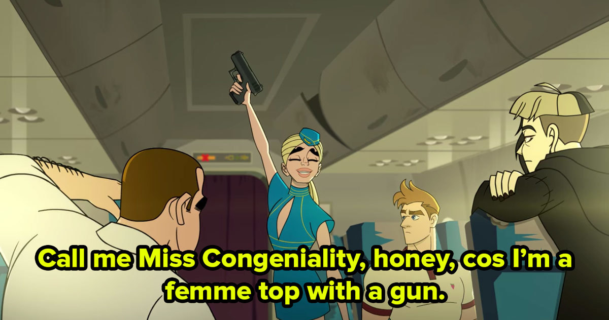 A cartoon man dressed as Britney Spears in her Toxic music video blue air hostess outfit points a gun to the ceiling of a plane, smiles, and says call me Miss Congeniality honey cos I’m a femme top with a gun