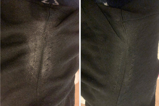 A reviewer's stained shirt before using the product / A reviewer's shirt after removing the deodorant with the product
