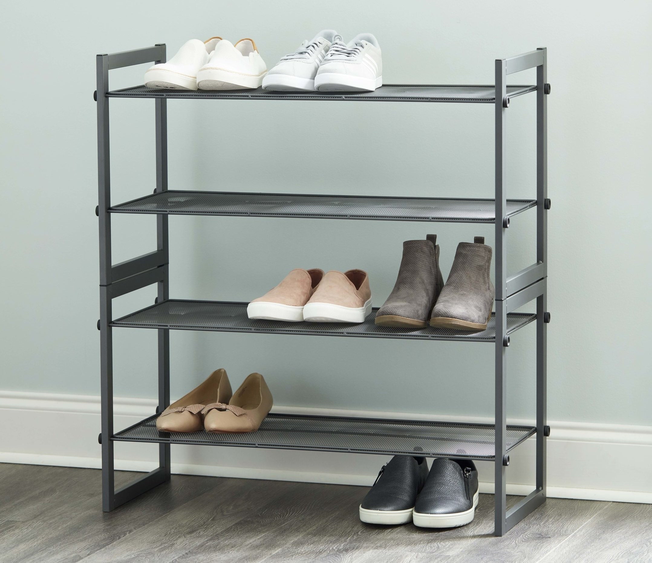 A two-tier stackable mesh shoe rack