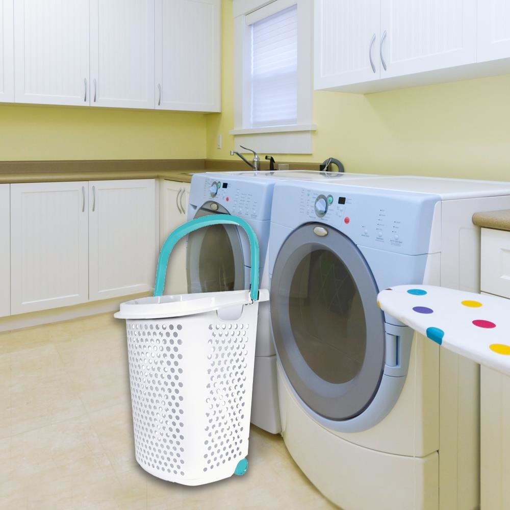 A two-bushel plastic laundry cart with wheels that can hold dirty and clean clothes