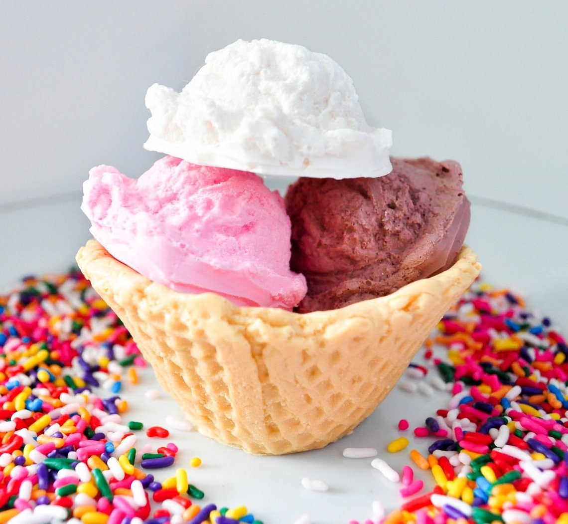 Waffle bowl soap with three scoops of ice cream soaps: chocolate, strawberry, and vanilla