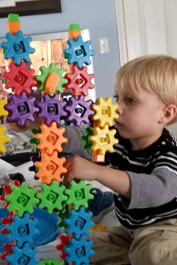 reviewer's photo of a tower fashioned out of gears
