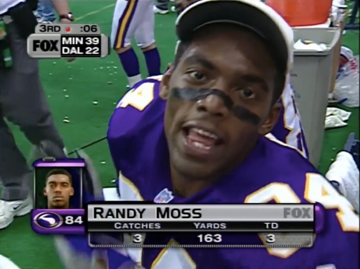 Randy Moss talks to camera while his stat line shows he has three touchdowns
