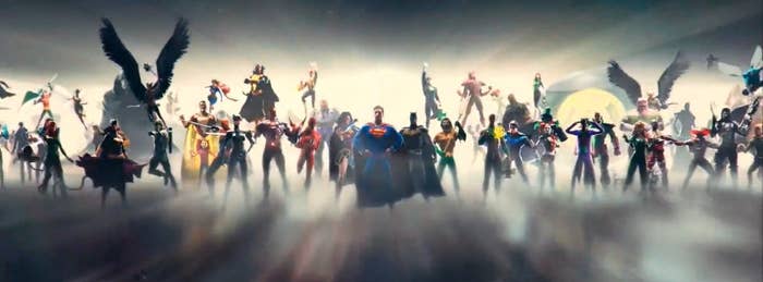 DC&#x27;s Justice League and other DC characters in the background as the intro for the DC logo