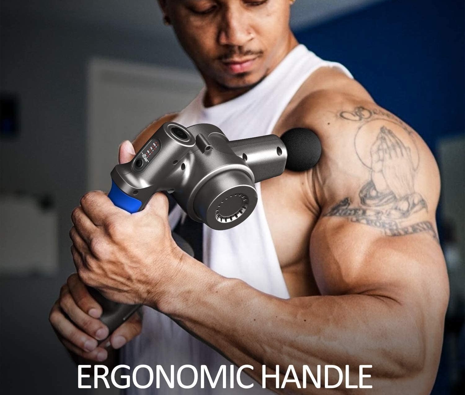 person using the massage gun on their arm