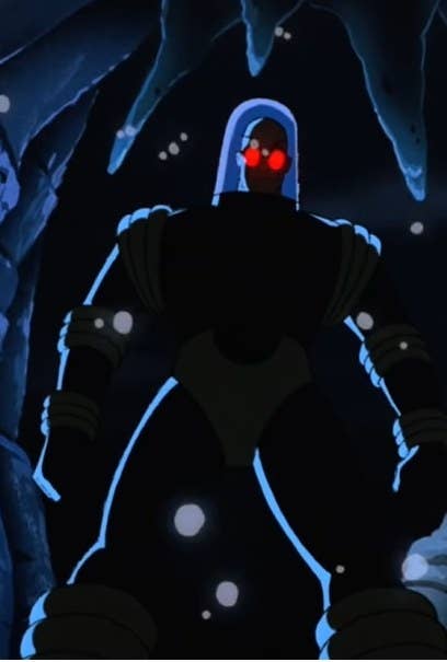 Mr. Freeze looking down intimidatingly with his bright red eyes
