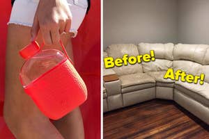 on left, red faux croc-printed water bottle in hand. on right, b&a of dirty couch side versus clean couch side after using leather cleaner