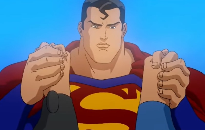 Superman arm wrestling two guys at the same time