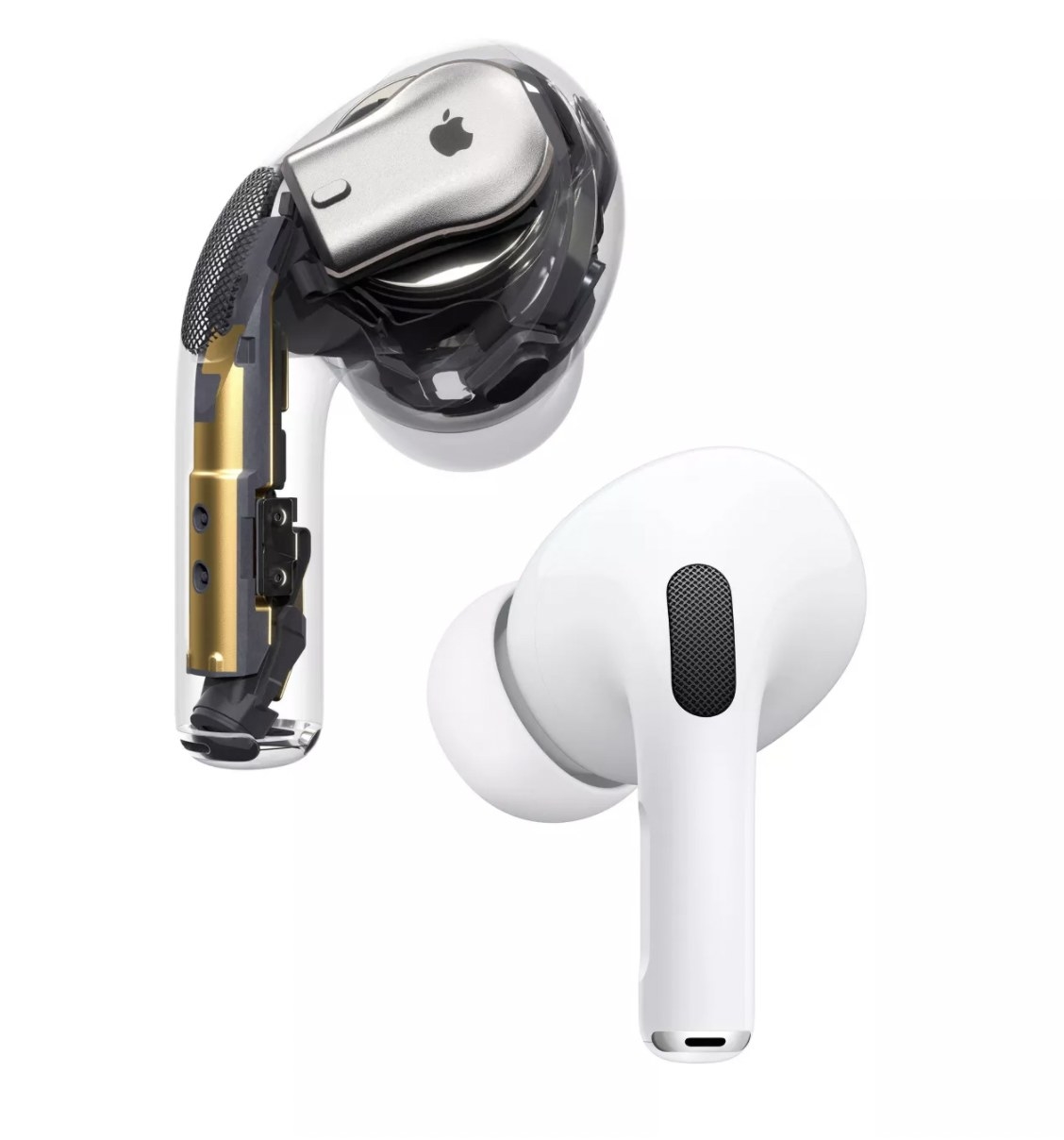 The pair of soft silicone-tipped earbuds with one shown via x-ray view to display the electronic pieces inside