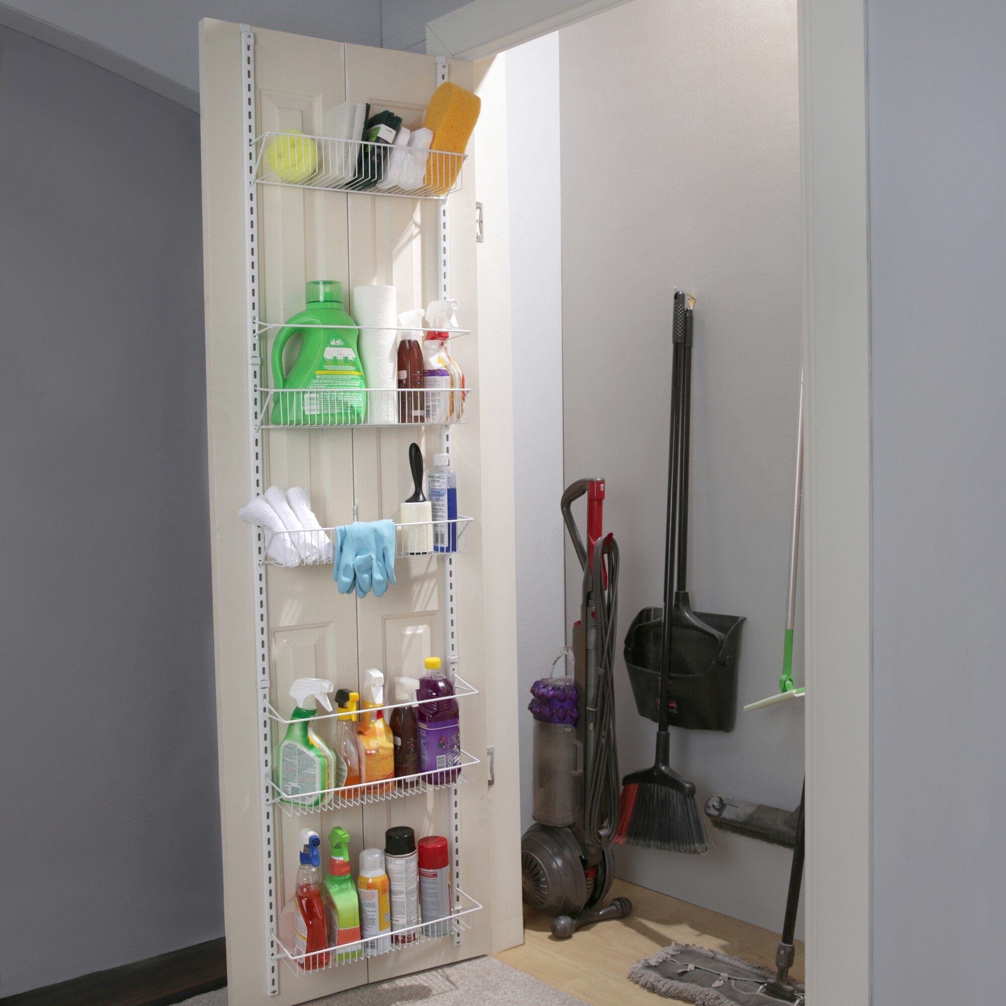 An eight-tier corner shelf that can be hung over the door to store items