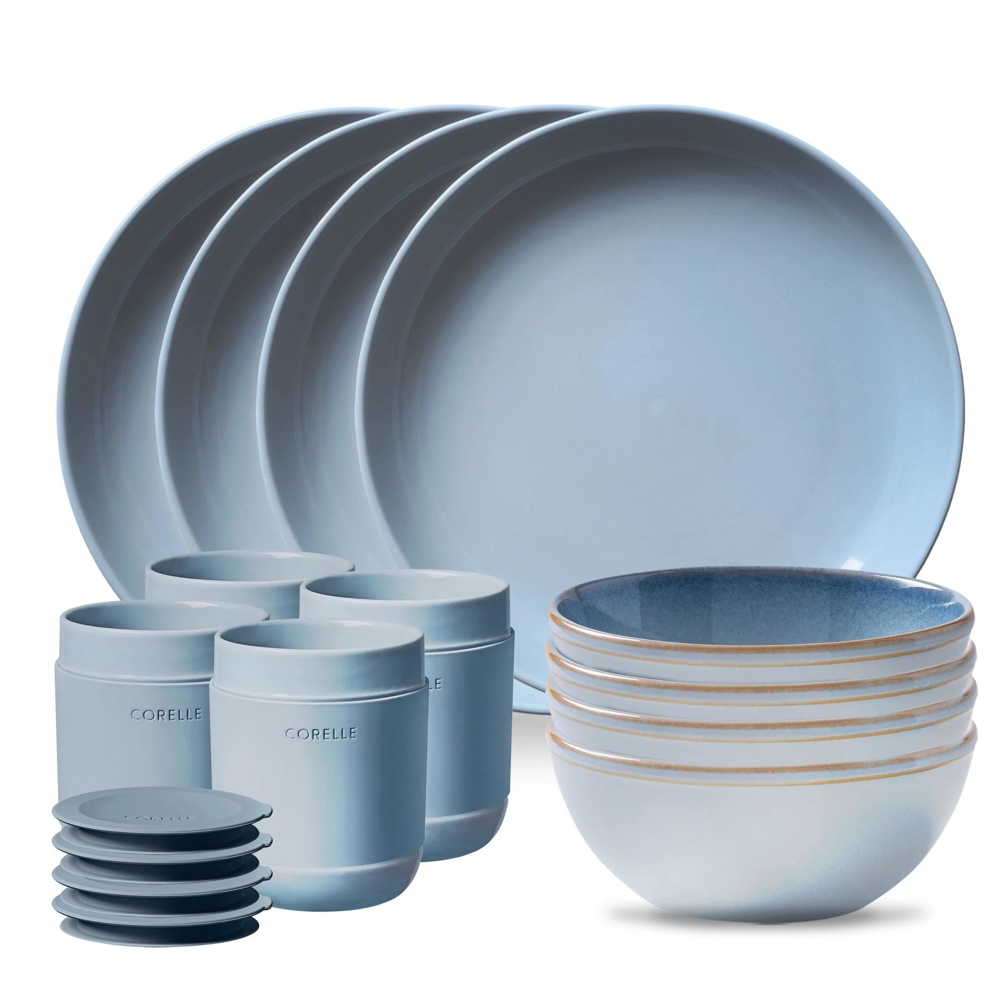 The dinnerware set including cups, bowls, and plates in a stone blue color