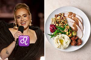 adele on the left with a leo emoji and a plate of thanksgiving dinner on the right