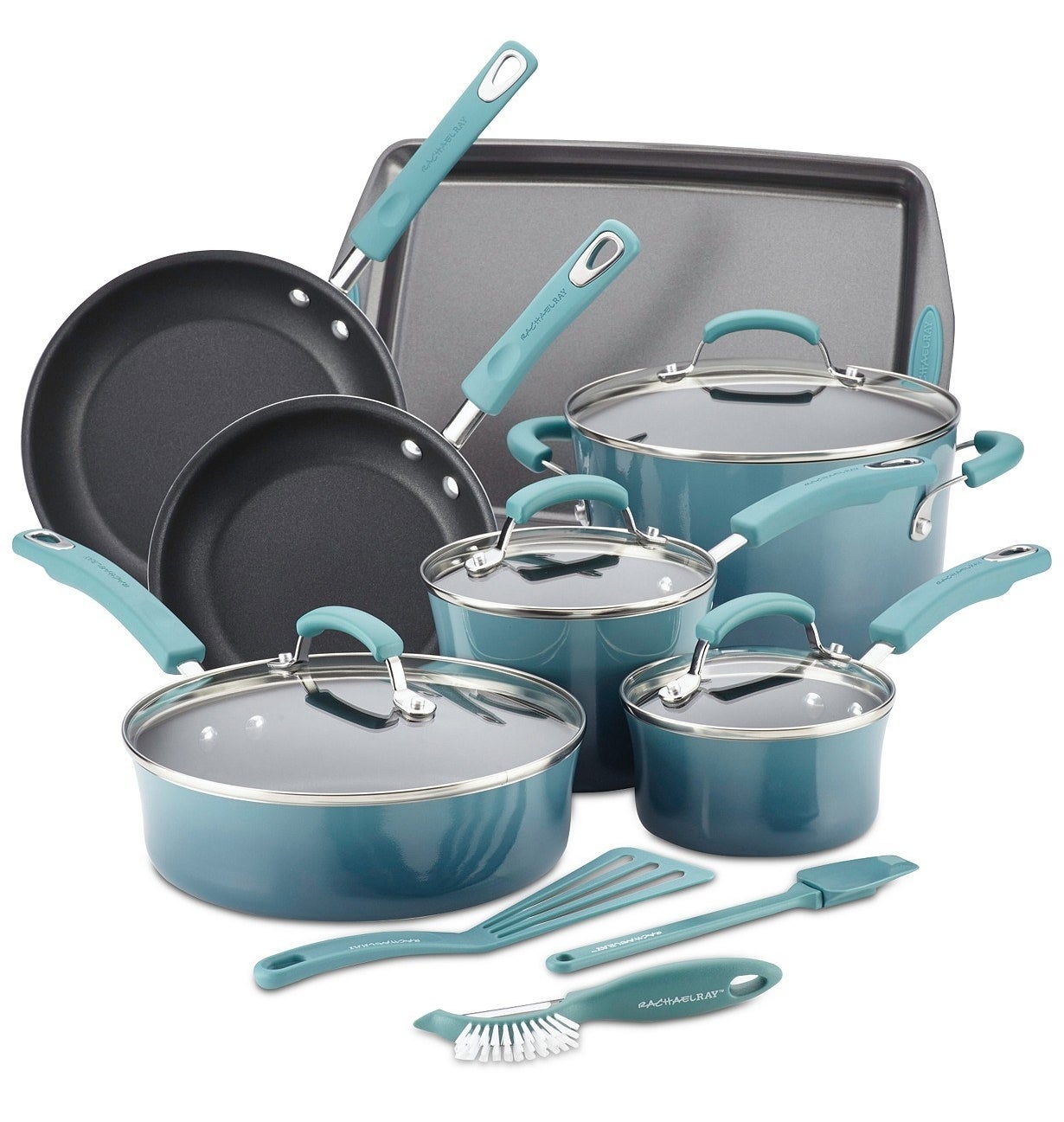 14 piece set with pots pans and utensils all in blue