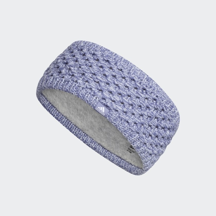 purple knitted running headband with adidas logo on the side