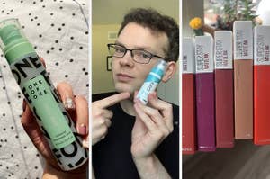L: BuzzFeed writer holding a spray bottle of face mist M: BuzzFeed writer holding a pump bottle of CeraVe retinol serum R: five Maybelline Super Stay Matte Ink Lipsticks