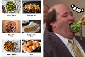 a list of thanksgiving foods on the left and kevin from the office eating broccoli on the right
