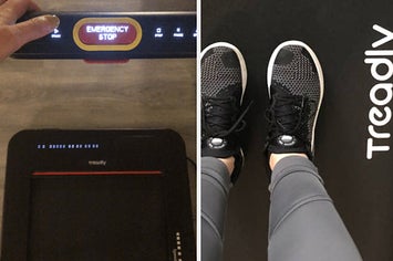 writers hand on the treadmill's control bar; her feet on the treadmill base