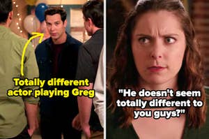 Skylar Astin on Crazy Ex-Girlfriend labeled "Totally different actor playing Greg" and Rebecca saying "He doesn't seem totally different to you guys?"