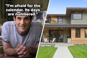 A close up of Phil Dunphy as he sits at his kitchen table and a house with many glass windows and a long walkway