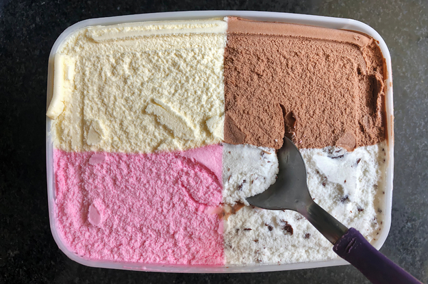 a tub of ice cream with four different flavors in it