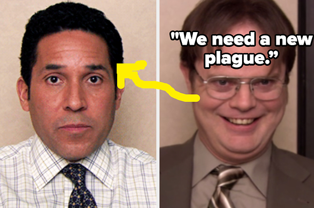 A close up of Oscar Martinez and Dwight Schrute as they look into the camera