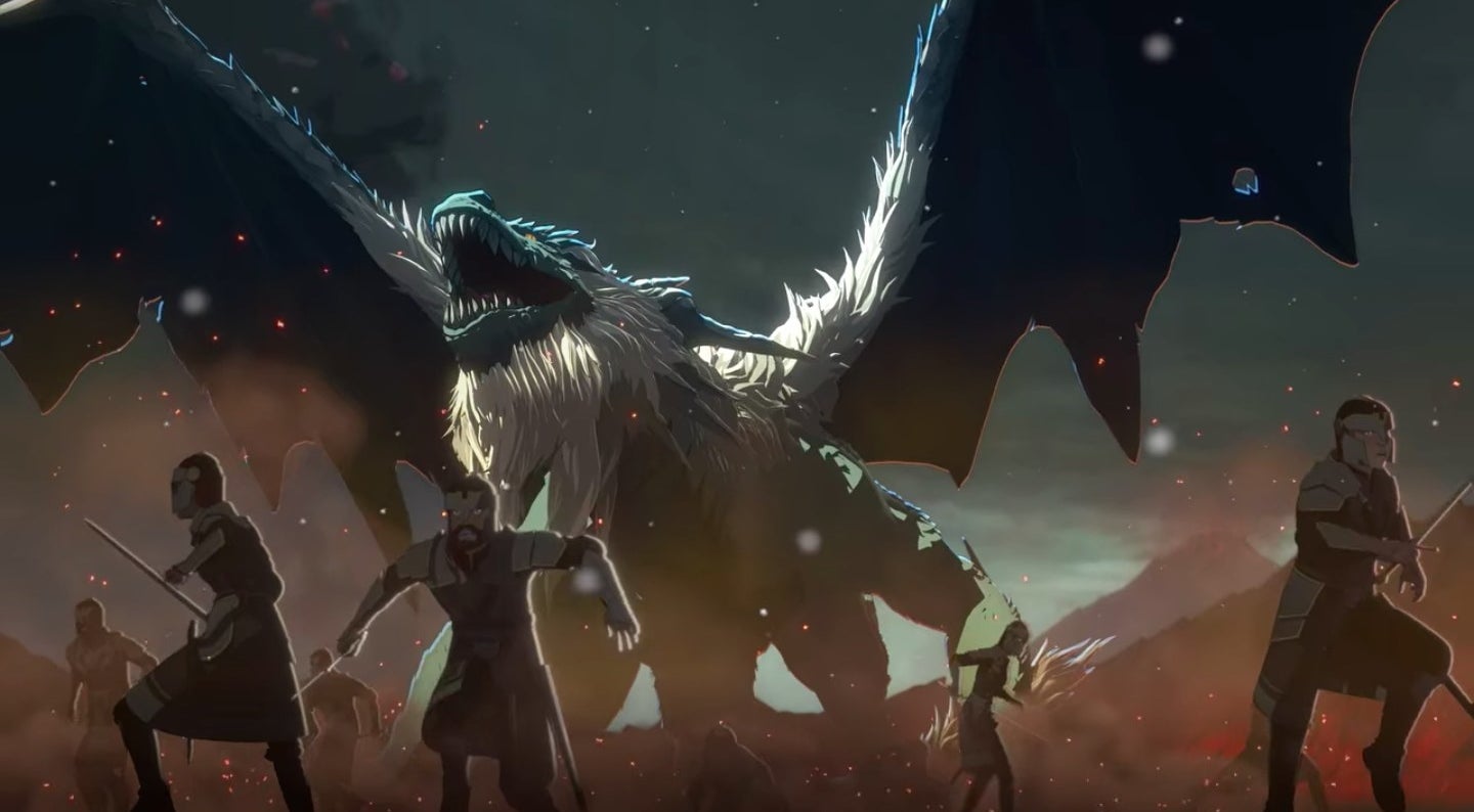 Soldiers running away from a giant dragon in &quot;The Dragon Prince&quot;