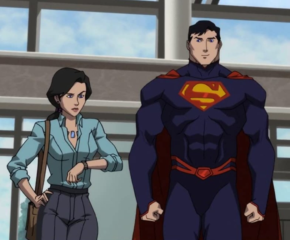 Lois Lane and Superman standing next to each other as Lois looks at her watch and Superman smirks