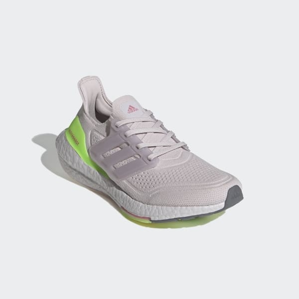 gray ultraboost sneakers with gray upper part and neon green detailing on the heel