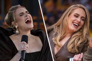 Photos of Adele singing and laughing