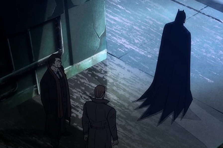 Batman with his back turned to Harvey Dent and Jim Gordon