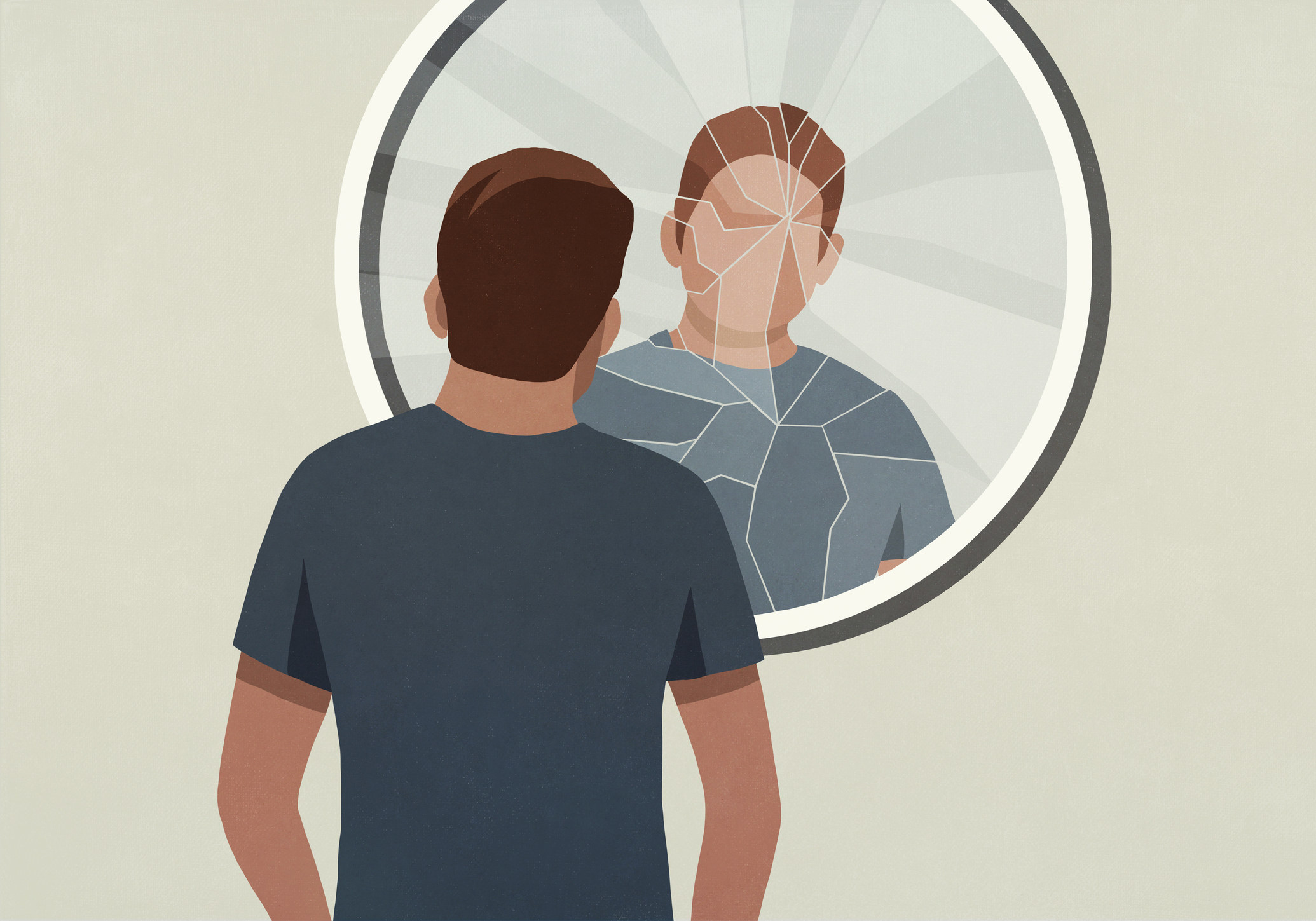 Illustration of a man looking at his reflection in a cracked mirror.