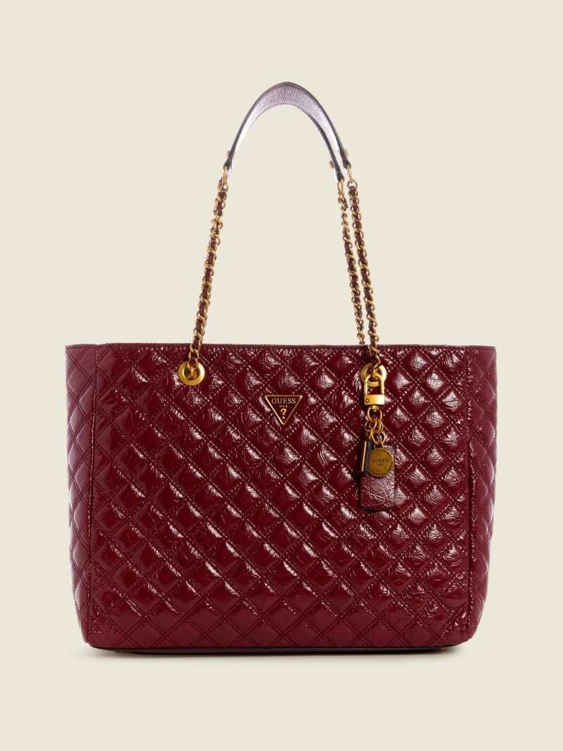 red quilted patent totebag with gold chain strap and accents